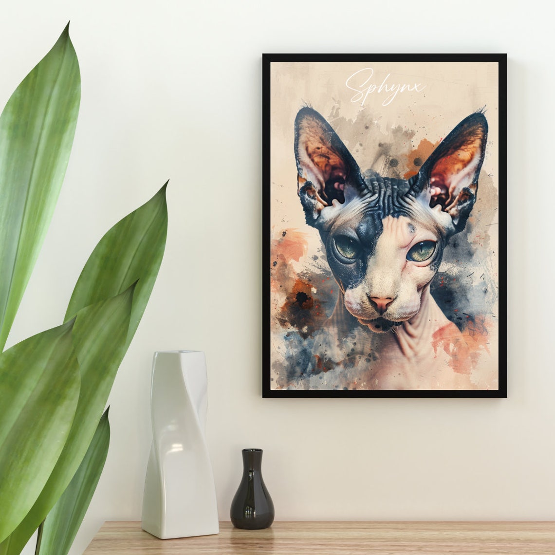 Sphynx Cat Watercolor Portrait Hairless Elegant Fine Art Poster - Image 2