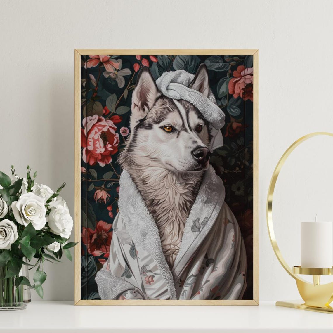 Striking Siberian Husky Dog in Bathrobe Fun Bathroom Spa Day Poster - Image 3