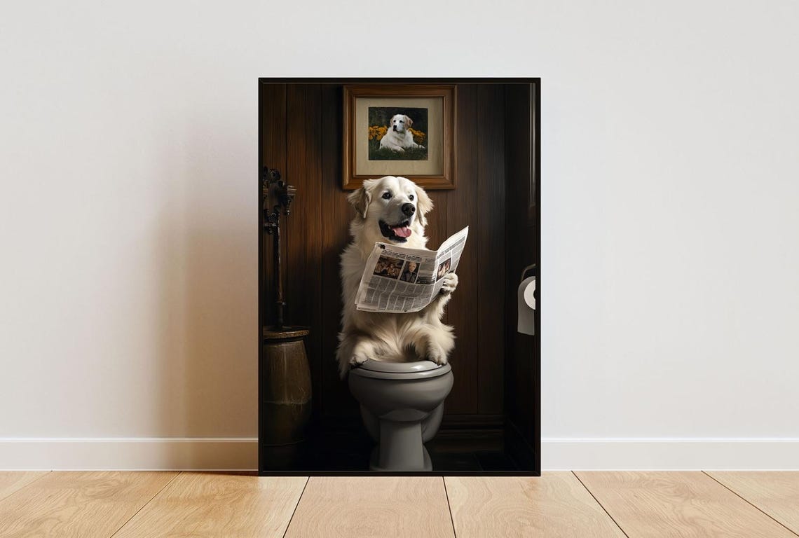 White Anatolian Shepherd on a Toilet Reading a Newspaper Poster