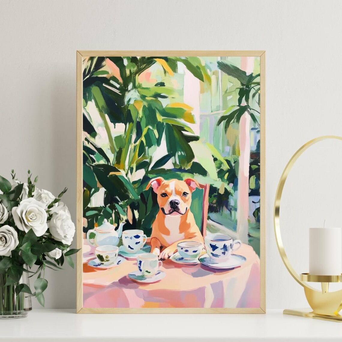 Staffordshire Bull Terrier Puppy Tea Party Cute Pet Portrait Poster - Image 3