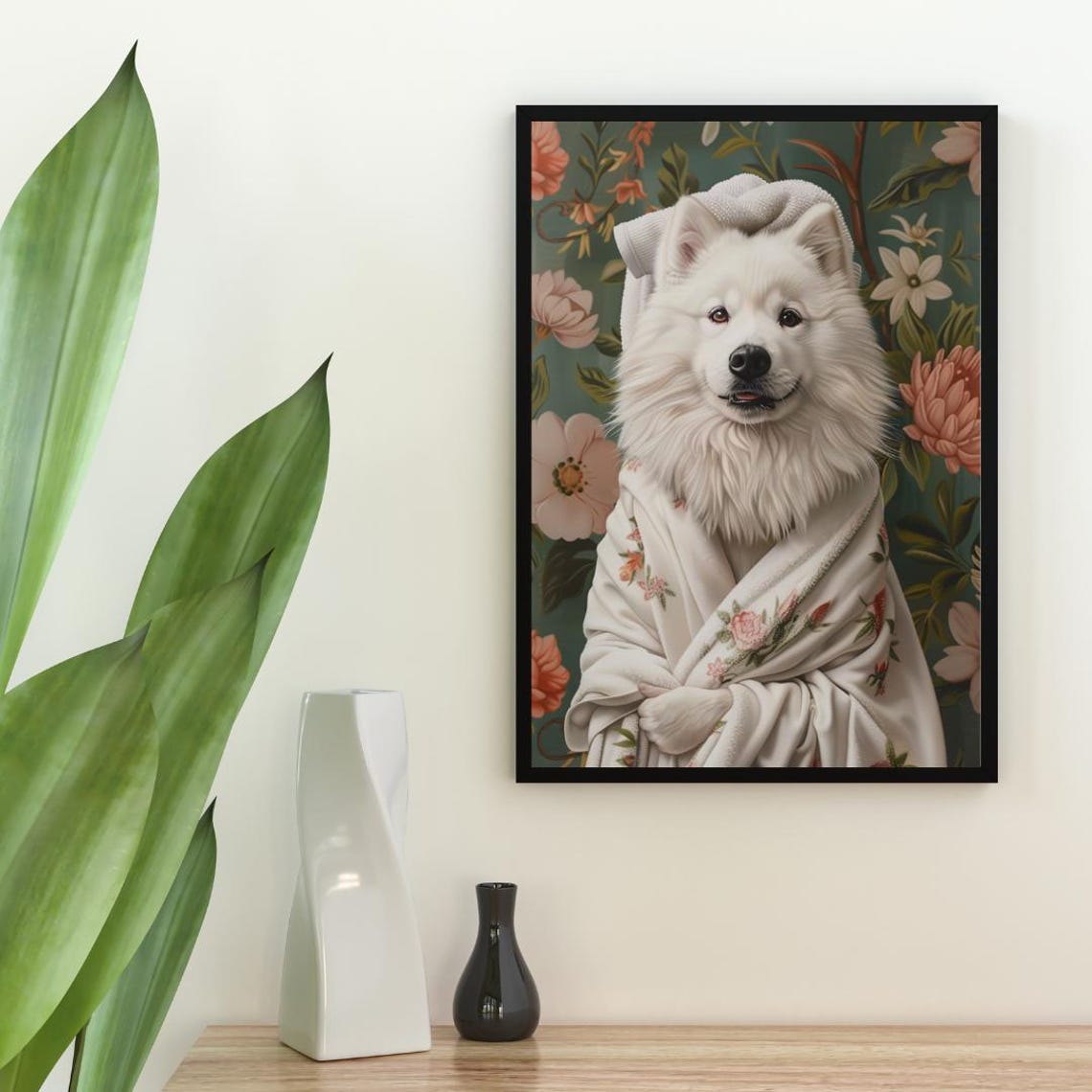 Samoyed in Bathrobe Dog Portrait Poster Cute Spa Day Bathroom Decor - Image 2