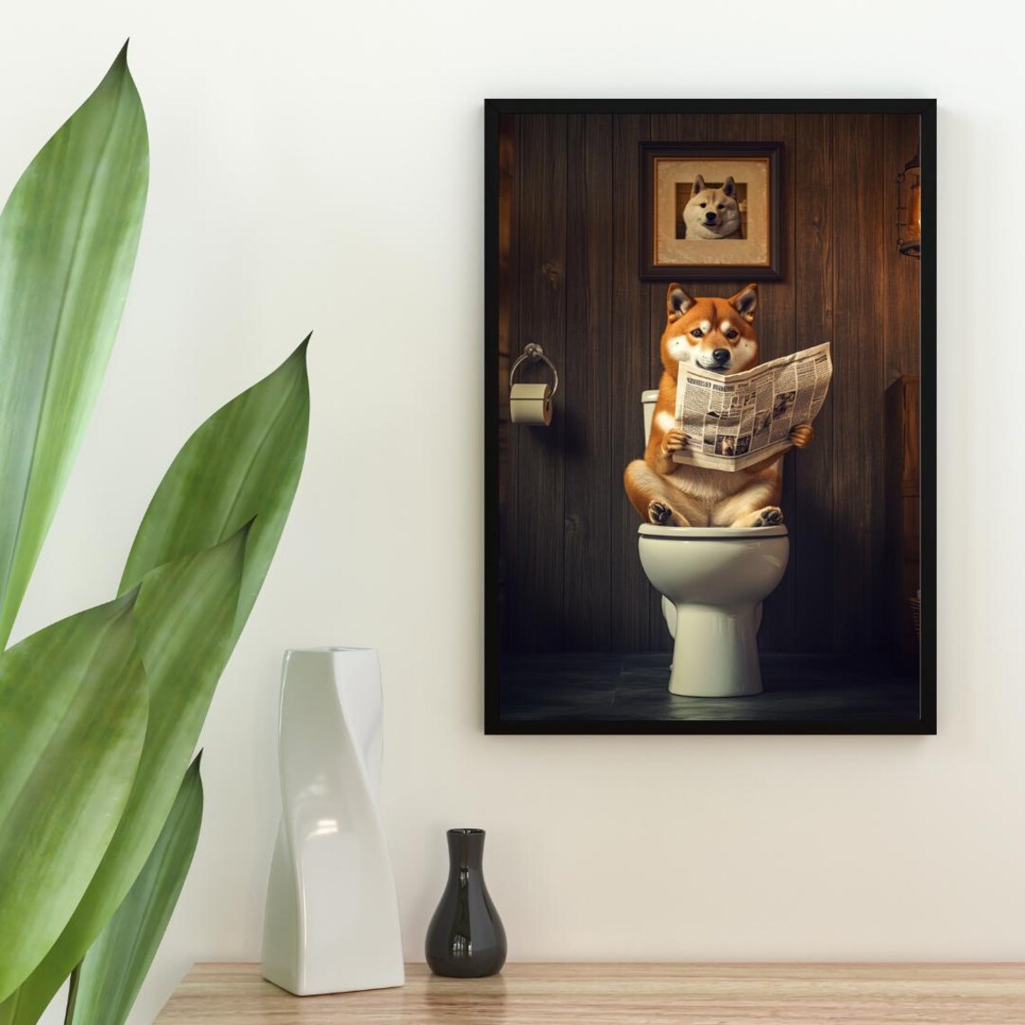 Shiba Inu On Toilet Bathroom Dog Art Print - Image 2