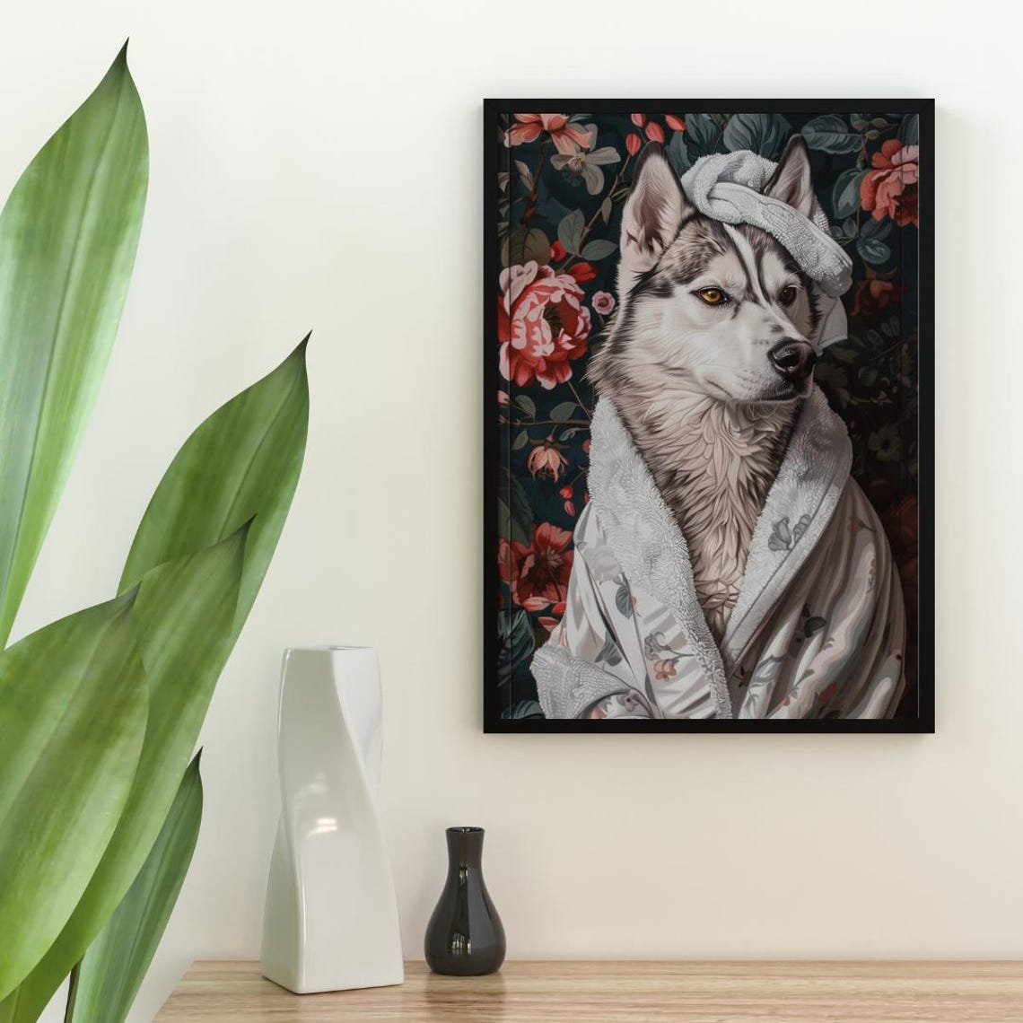 Striking Siberian Husky Dog in Bathrobe Fun Bathroom Spa Day Poster - Image 2