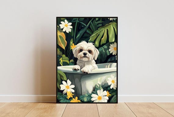 Maltese In Bathtub Poster Funny Dog Poster Maltese Bathroom Print Maltese Bath Poster Pet Poster Dog Bathroom Wall Art Funny Poster