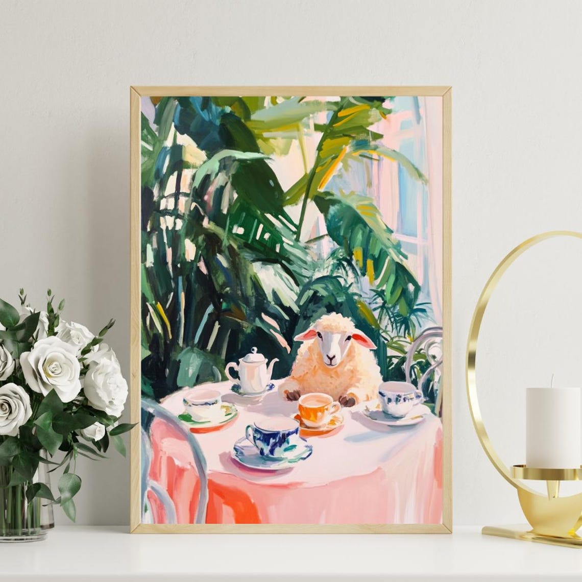 Sheep at Tea Table Whimsical Farm Animal Painting Portrait Poster - Image 3