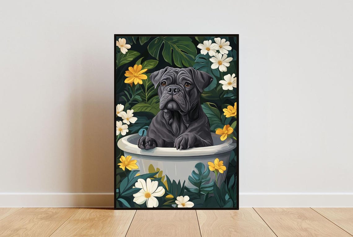 Cane Corso in Bathtub Gray Puppy Bathroom Tropical Floral Art Poster
