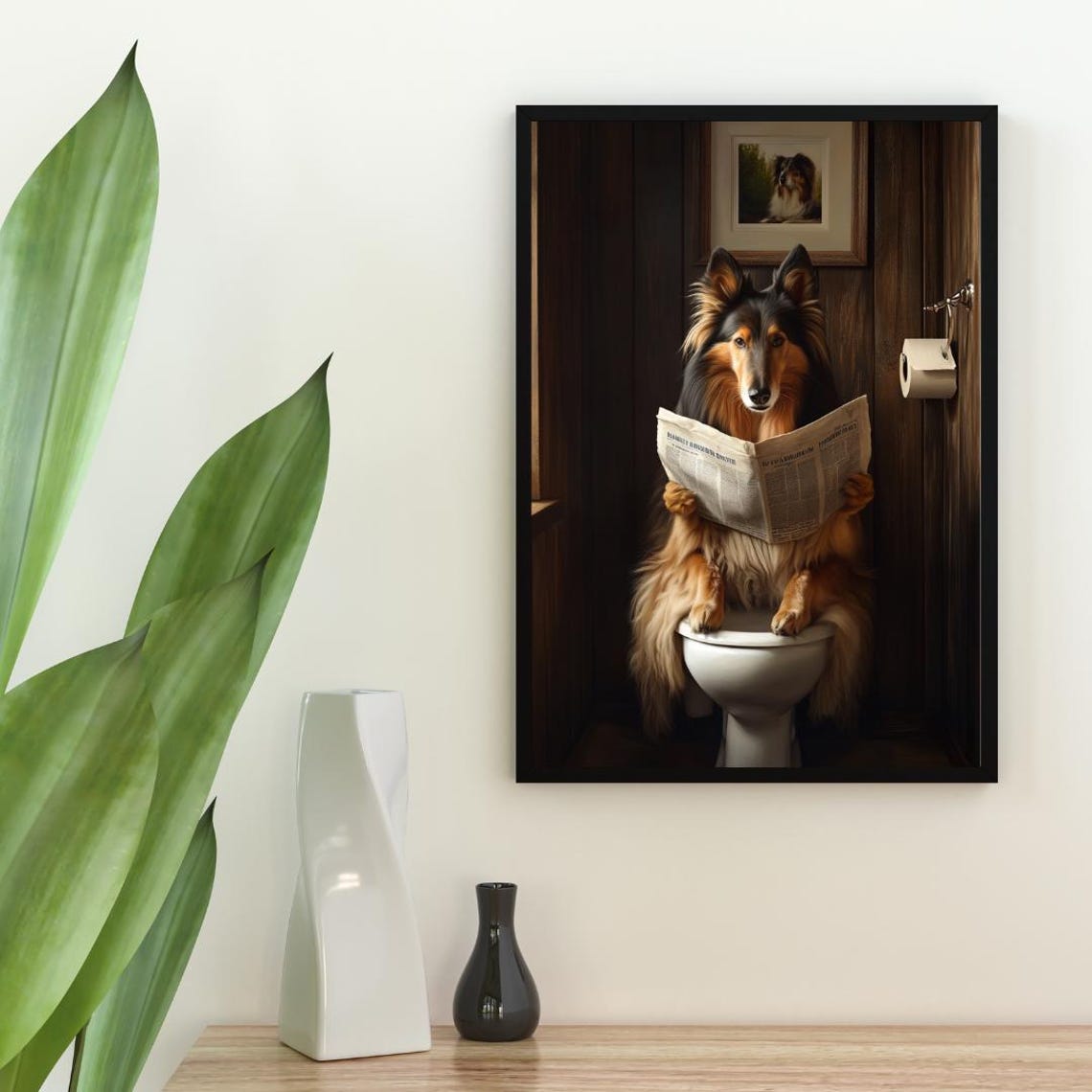 Collie On Toilet Poster Dog Poster Collie Bathroom Print Dog Toilet Wall Art Collie Portrait Dog Bathroom Poster Collie Print - Image 2