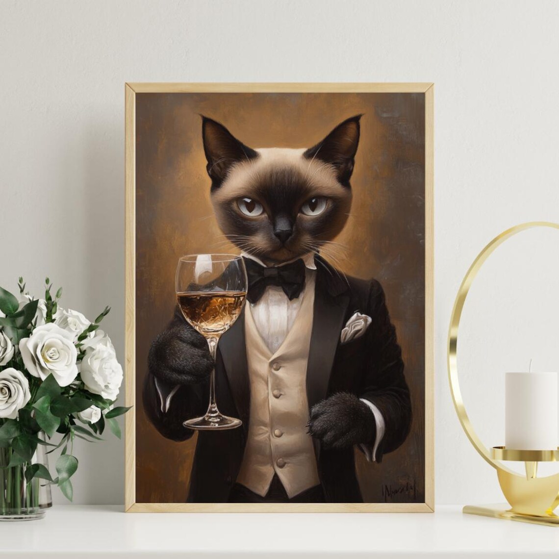 Siamese Cat In Tuxedo Holding White Wine Glass Regal Formal Feline Portrait Poster - Image 3