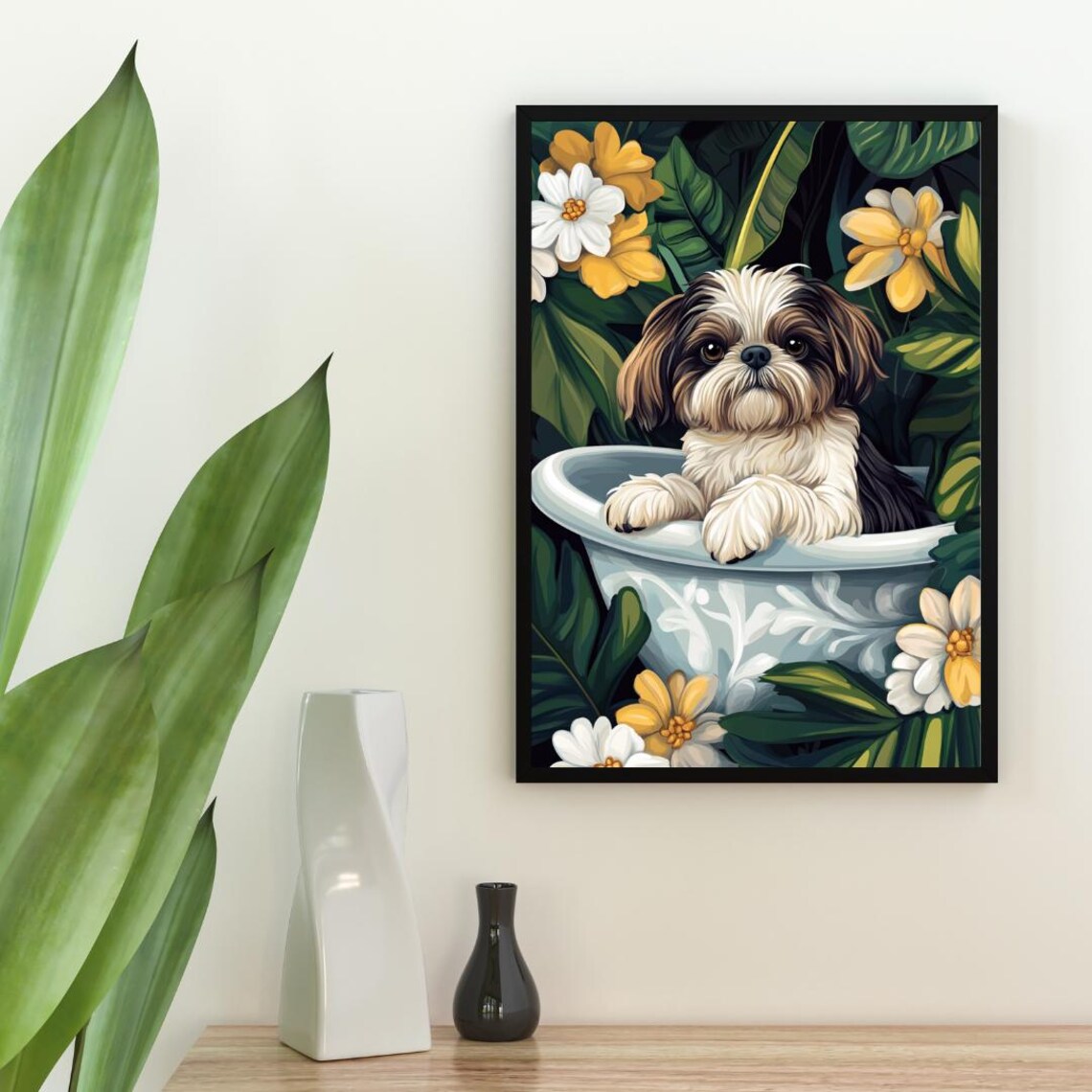 Shih Tzu in Bathtub Cute Puppy Bathroom Tropical Floral Art Poster - Image 2