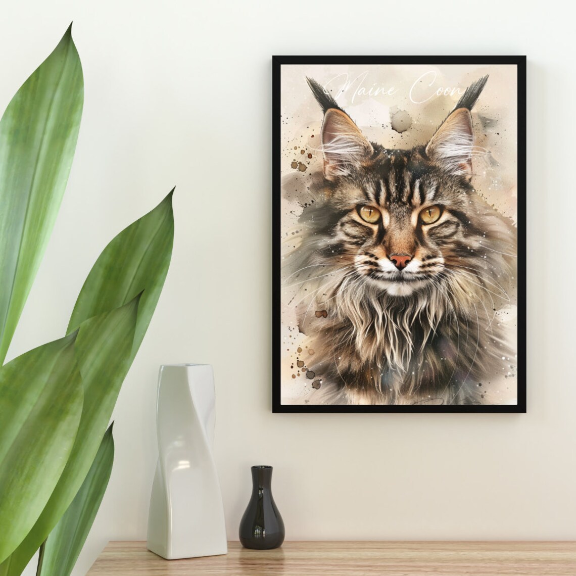 Maine Coon Cat Watercolor Portrait Golden Eyes Fine Art Poster - Image 2