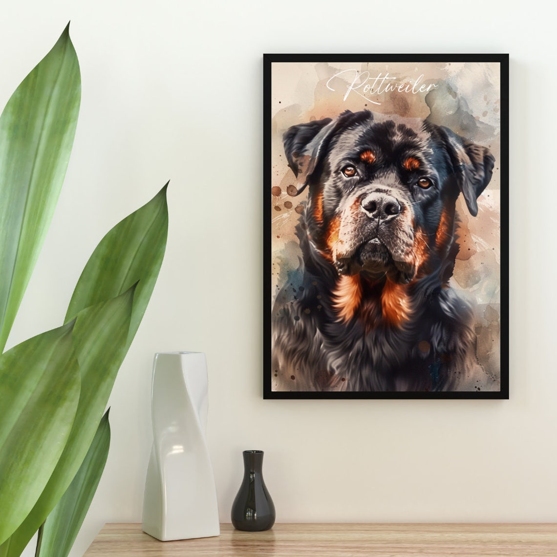 Rottweiler Watercolor Dog Breed Portrait Poster Script Name Detail - Image 2