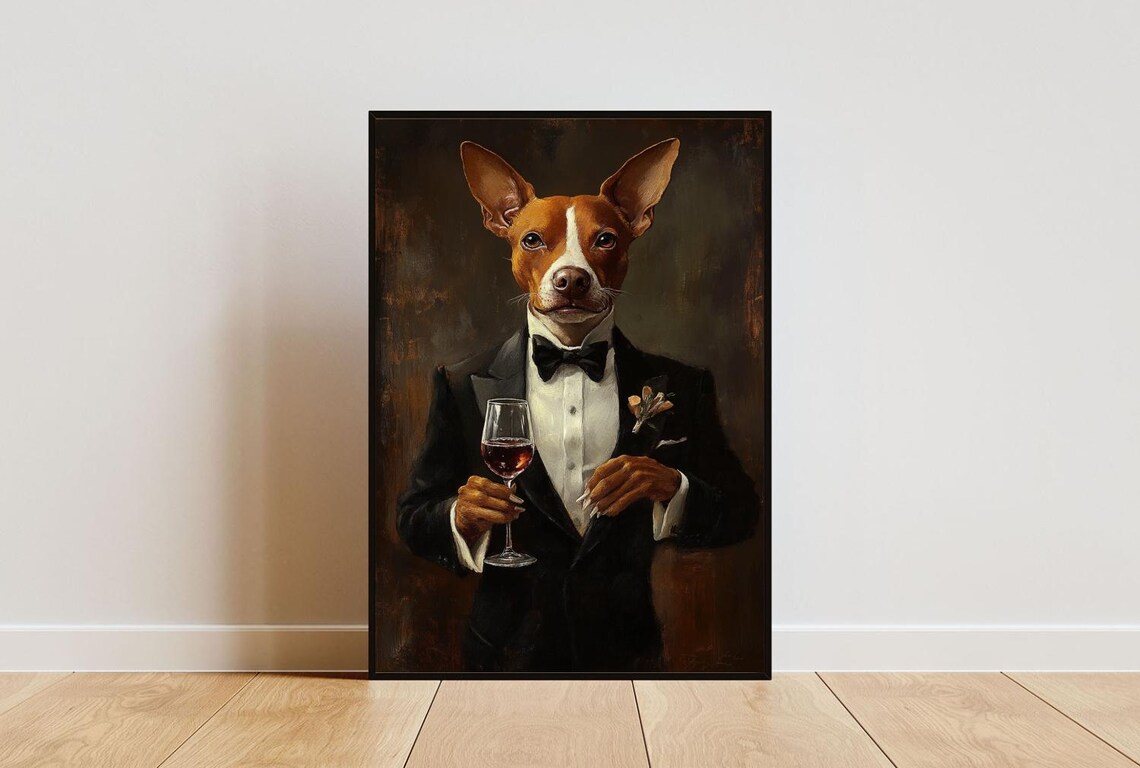 Basenji In Tuxedo Holding Red Wine Glass Elegant Dog Portrait Poster