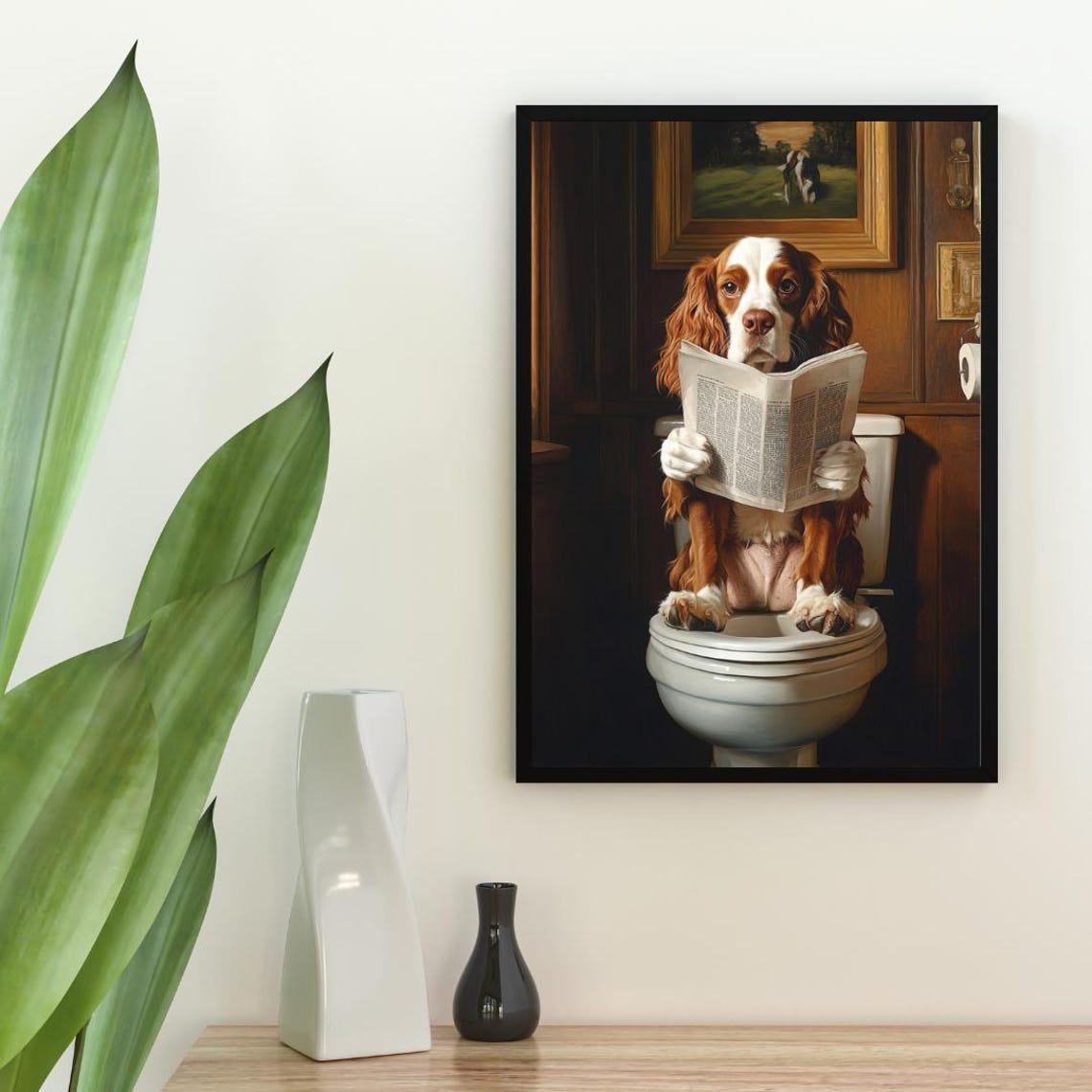 English Springer Spaniel On Toilet Reading Newspaper Bathroom Poster - Image 2