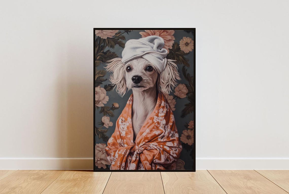Chinese Crested In Orange Bathrobe Spa Day Funny Dog Wall Poster