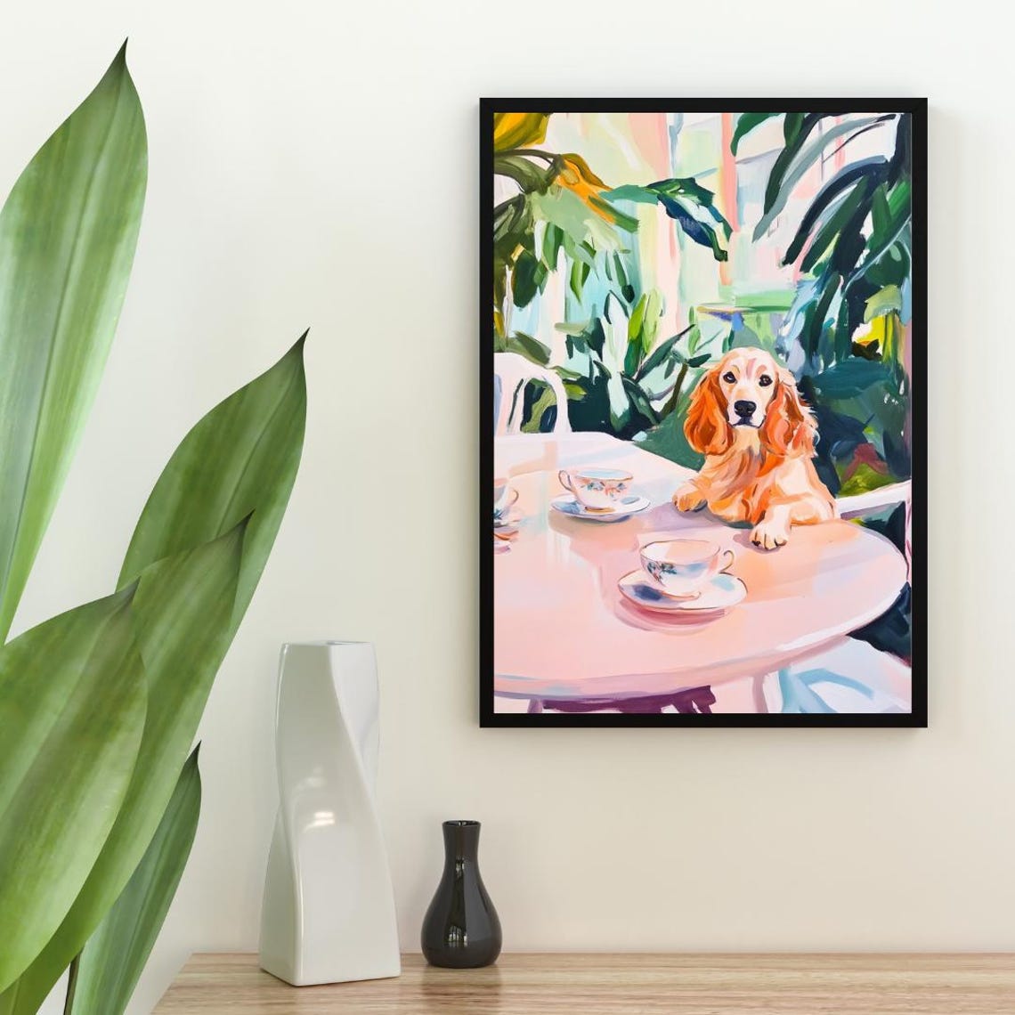 English Cocker Spaniel Tea Party Pastel Oil Painting Style Poster - Image 2
