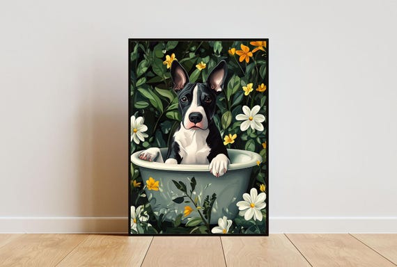 Bull Terrier In Bathtub Poster Funny Dog Poster Bull Terrier Bathroom Print Bull Terrier Bath Poster Pet Poster Dog Bathroom Wall Art