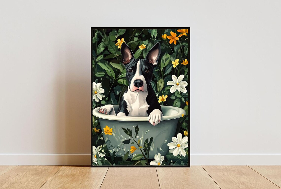Bull Terrier in Bathtub Among Flowers Funny Floral Bathroom Dog Poster