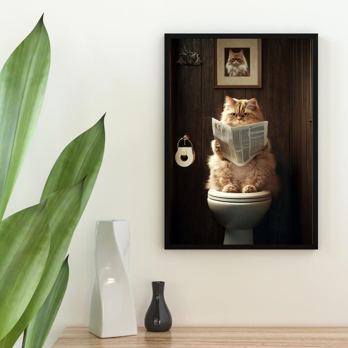 Selkirk Rex Cat on a Toilet Reading a Newspaper in a Bathroom Poster - Image 2