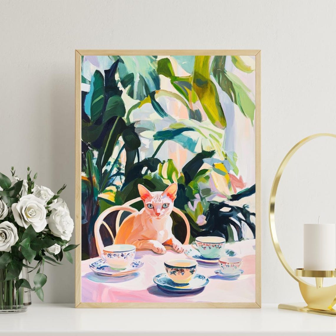 Hairless Cat at Tea Table Whimsical Pet Painting Portrait Poster - Image 3