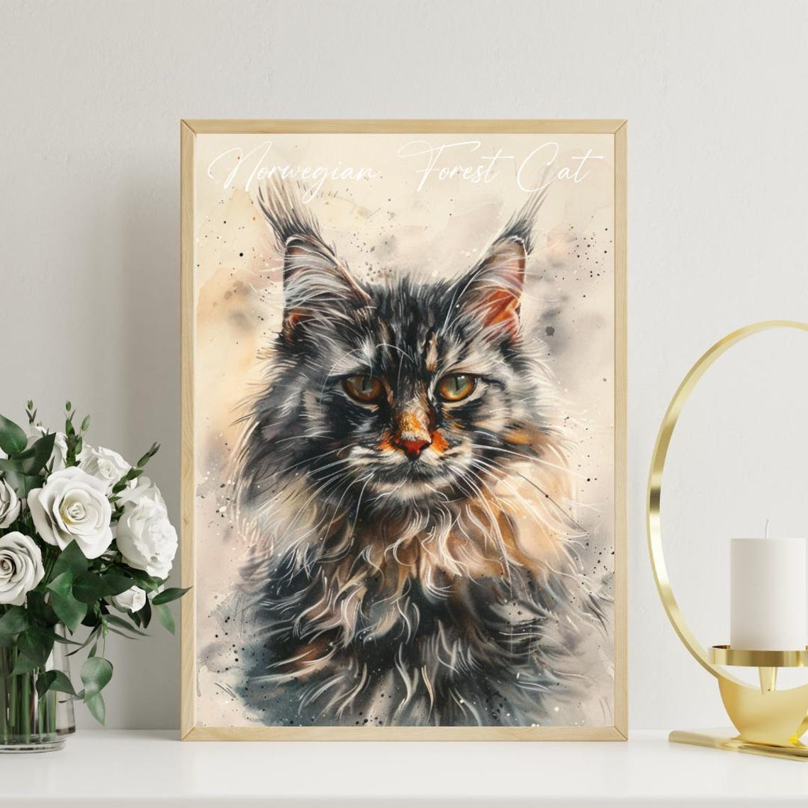 Norwegian Forest Cat Watercolor Portrait Majestic Fine Art Poster - Image 3