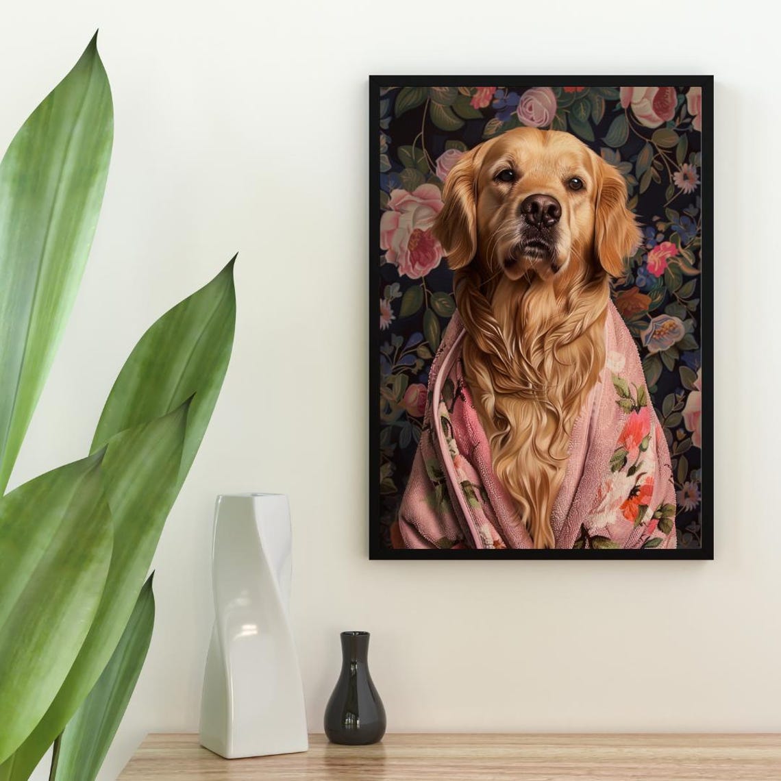Golden Retriever Dog in Pink Bathrobe Fun Bathroom Spa Art Poster - Image 2