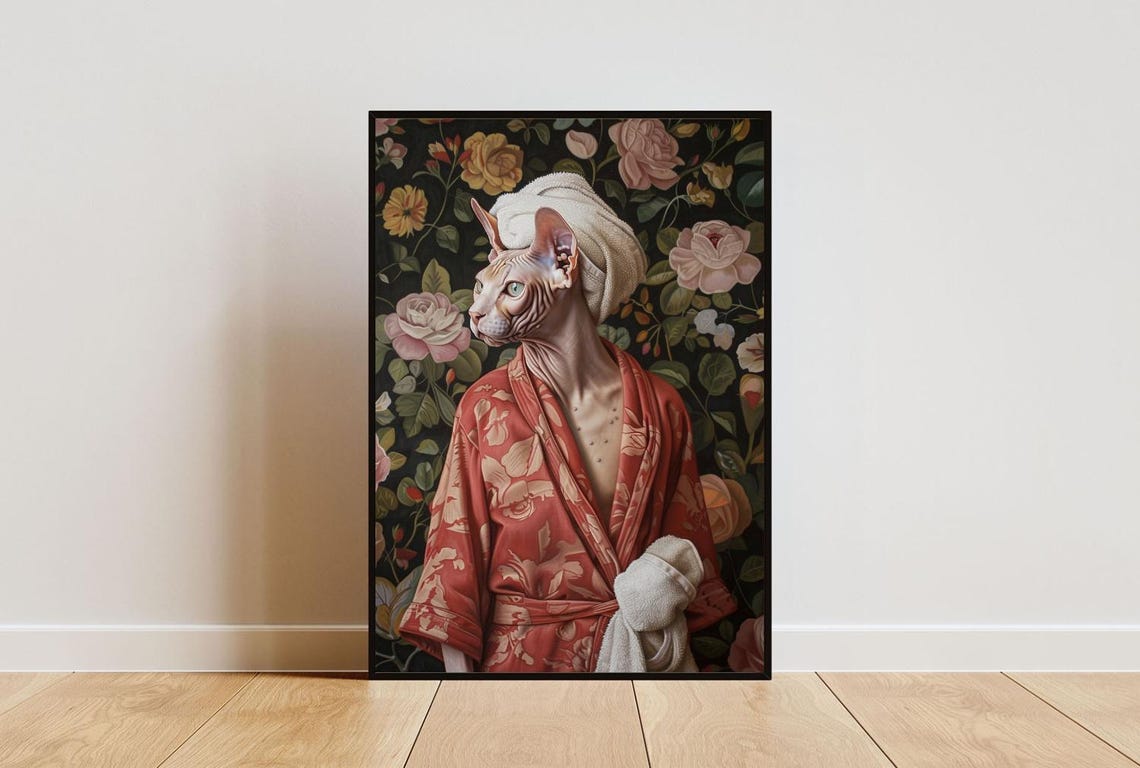 Sphynx In Red Bathrobe Spa Day Portrait Funny Hairless Cat Poster