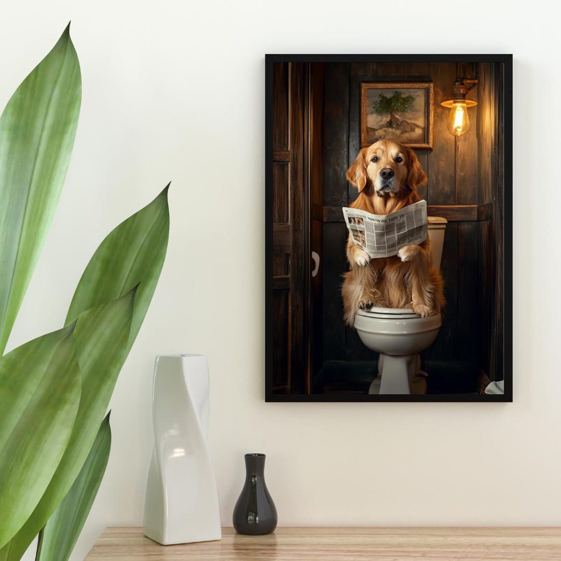Golden Retriever On Toilet Poster Poster Golden Retriever Bathroom Print Toilet Wall Art Golden Retriever Portrait Dog Bathroom Poster - Image 2