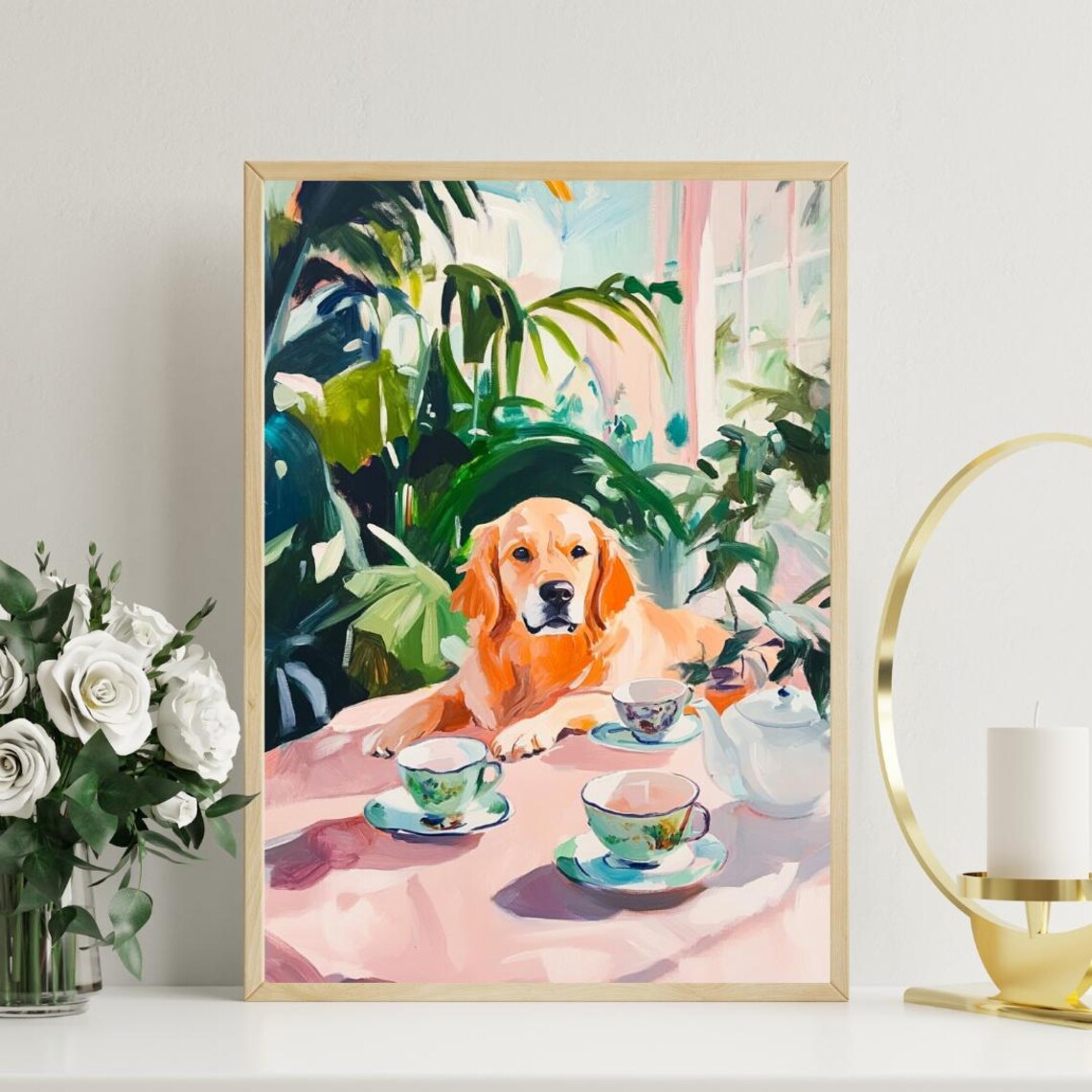 Golden Retriever Tea Party Watercolor Dog with Teacups Funny Poster - Image 3