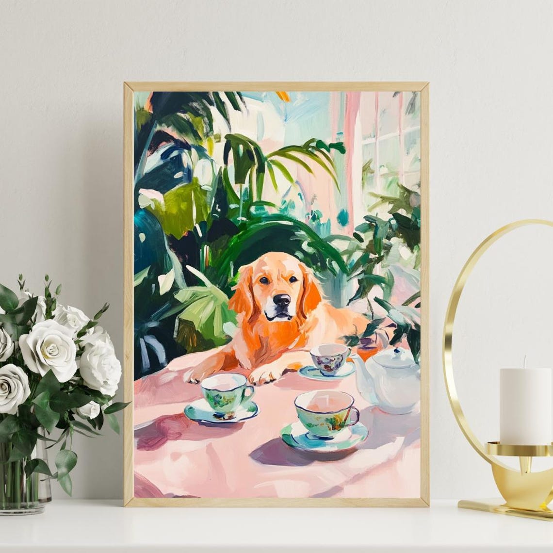 Retro Golden Retriever Poster Golden Retriever Oil Painting Vintage Golden Retriever Poster Dog Dining Room Wall Art Retro Dog Poster - Image 3
