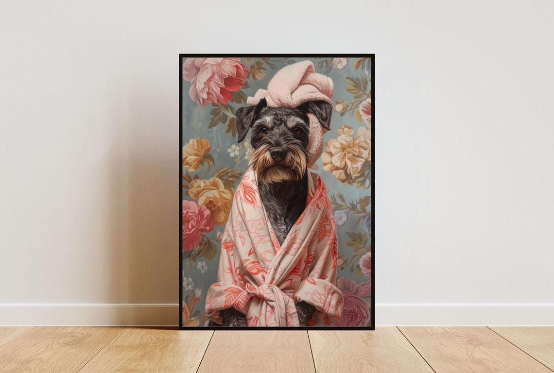Giant Schnauzer In Pink Bathrobe Spa Day Funny Dog Wall Poster