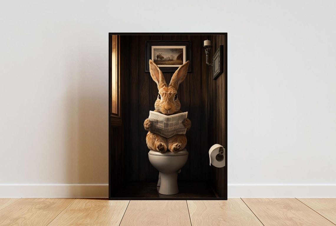 Hare on a Toilet Reading a Newspaper in a Cozy Wood Bathroom Poster
