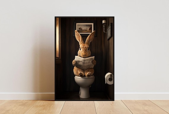Hare on a Toilet Reading a Newspaper in a Cozy Wood Bathroom Poster