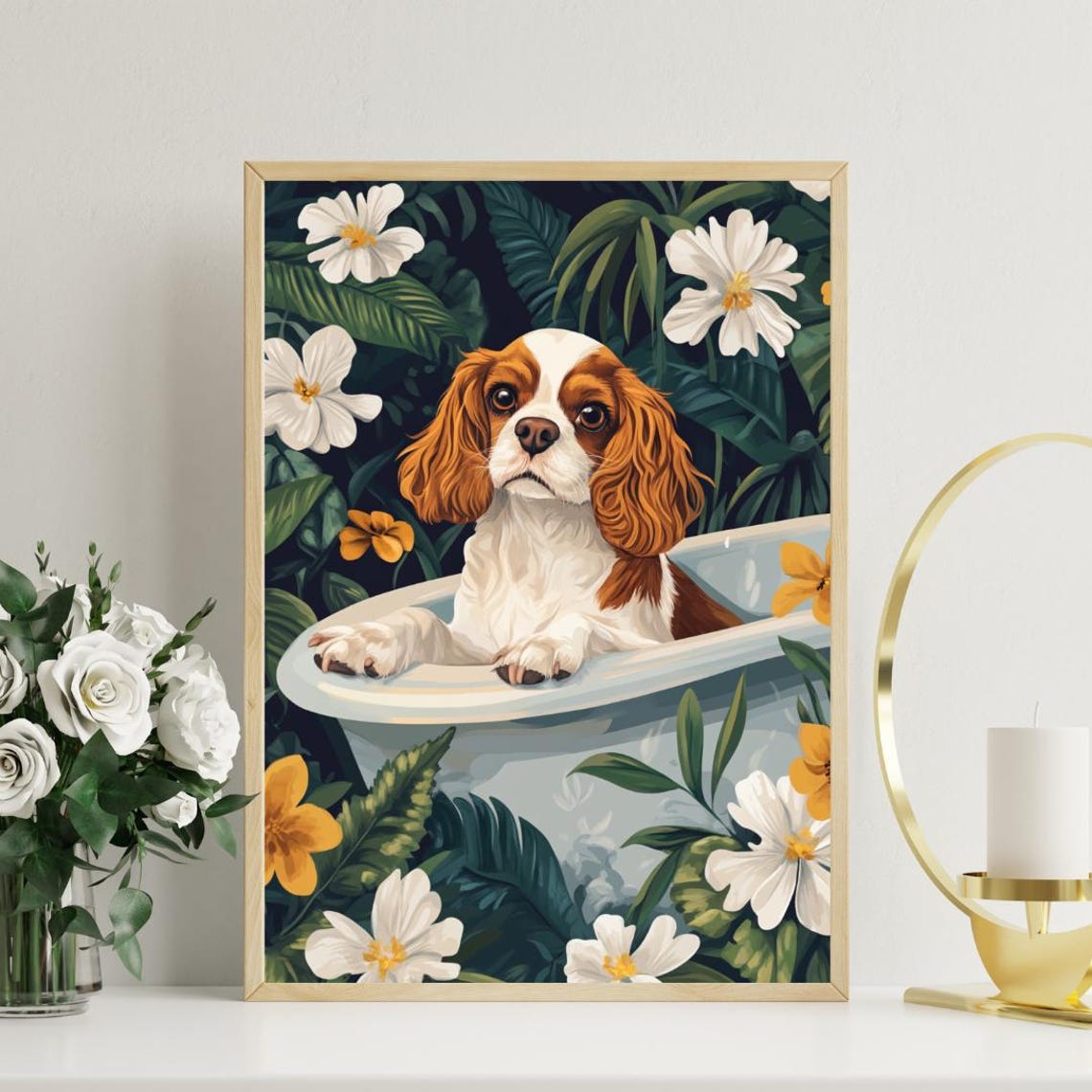Cavalier King Charles Spaniel in Bathtub Bathroom Floral Art Poster - Image 3
