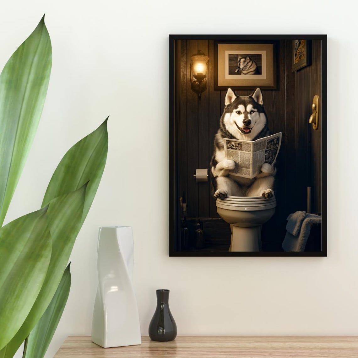 Alaskan Malamute on a Toilet Reading a Newspaper in a Bathroom Poster - Image 2