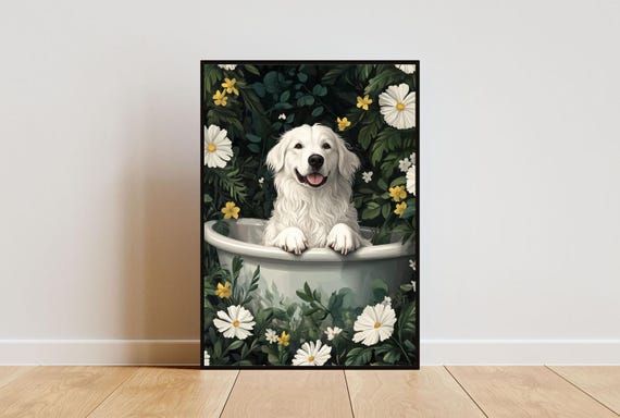 Great Pyrenees In Bathtub Poster Funny Dog Poster Great Pyrenees Bathroom Print Great Pyrenees Bath Poster Pet Poster Bathroom Wall Art