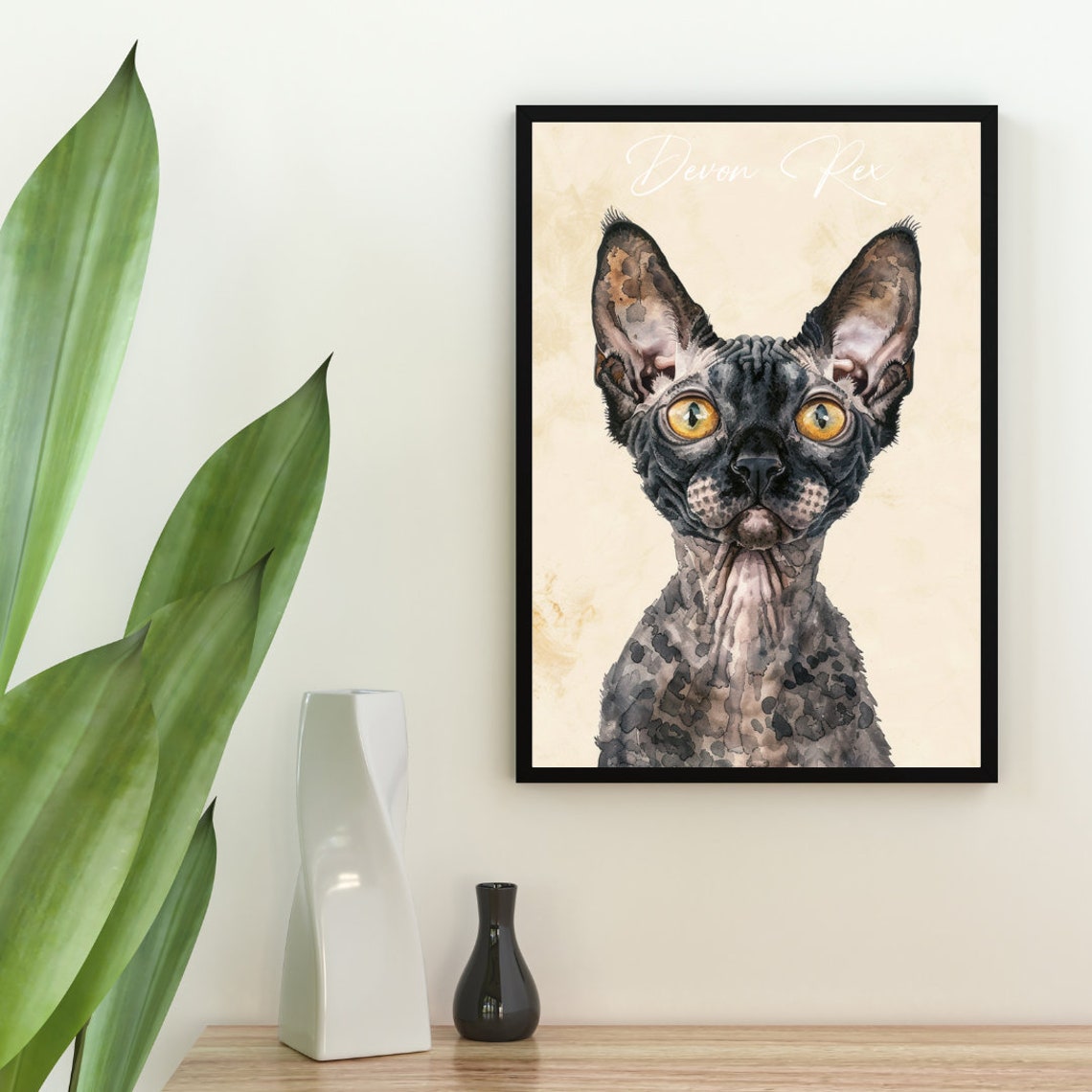 Devon Rex Cat Watercolor Portrait Poster with Soft Cream Art - Image 2