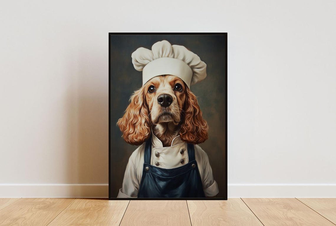 English Cocker Spaniel In Chefs Hat Poster Pet Poster Cocker Spaniel In Apron Print Funny Dog Wall Art Cocker Spaniel Portrait Kitchen