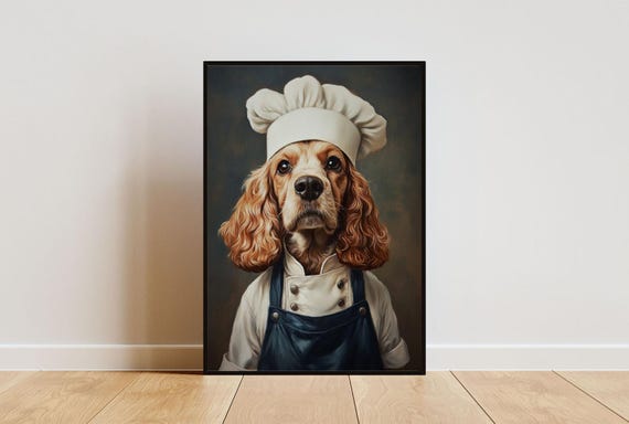 English Cocker Spaniel In Chefs Hat Poster Pet Poster Cocker Spaniel In Apron Print Funny Dog Wall Art Cocker Spaniel Portrait Kitchen