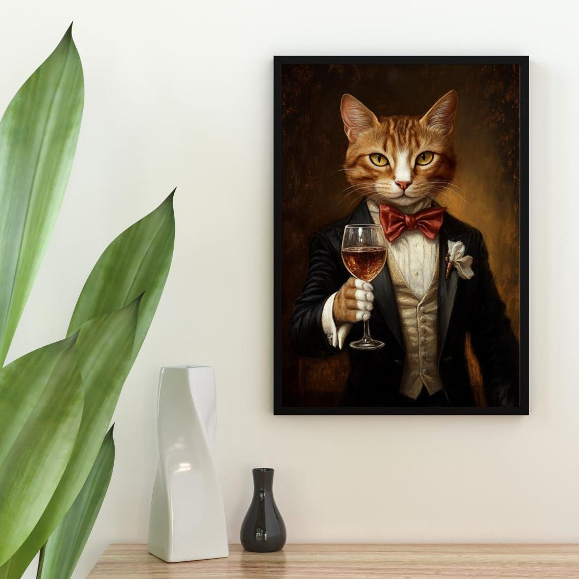 Bengal Cat In Tuxedo Holding Wine Glass Red Bow Tie Portrait Poster - Image 2