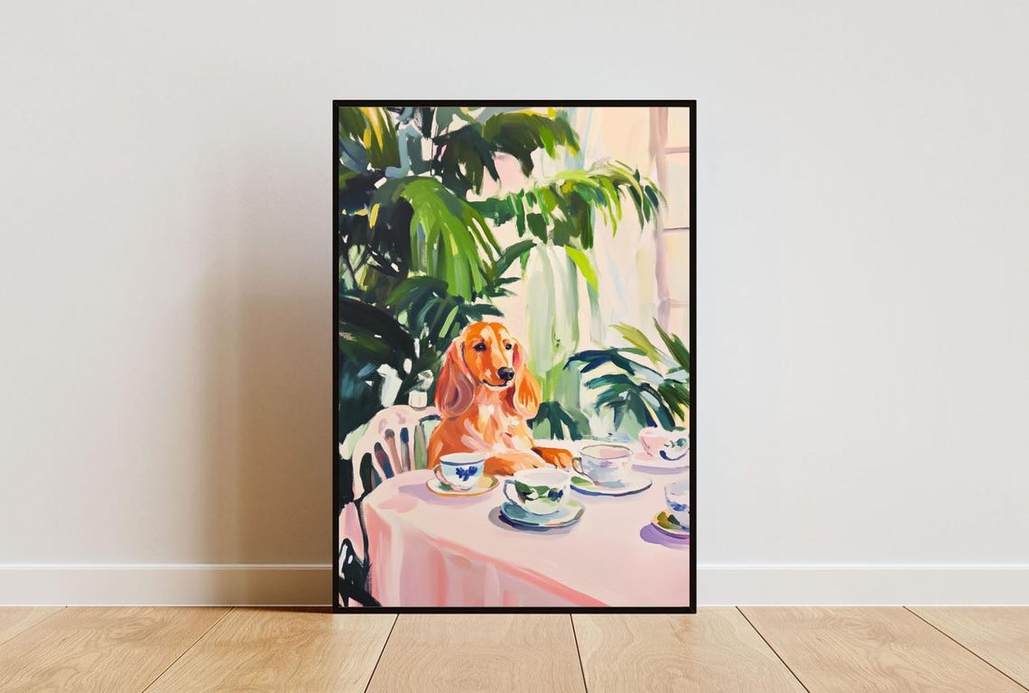 Longhaired Dachshund Dog Tea Party Red Puppy Cute Pet Poster