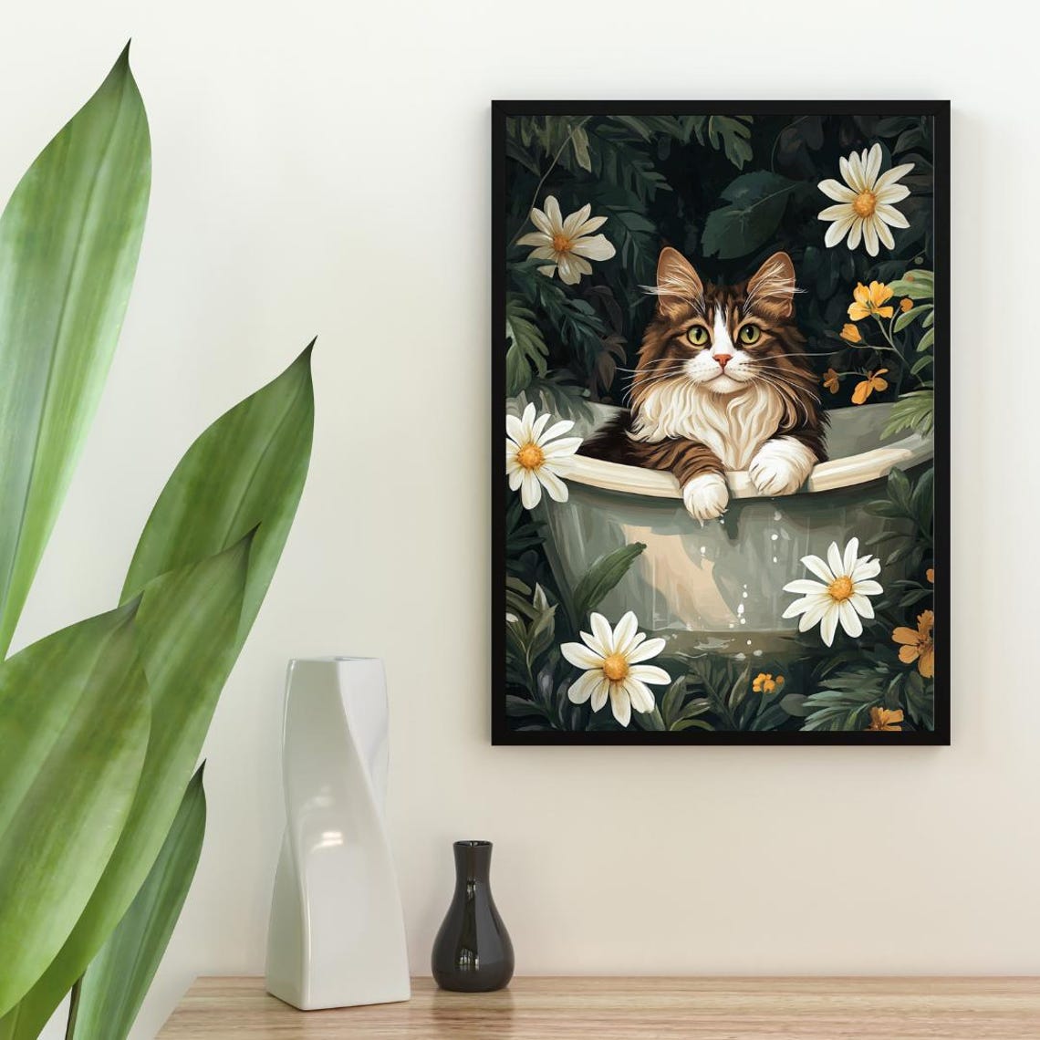 Norwegian Forest Cat Bathtub Daisy Vintage Botanical Art Poster - Image 2
