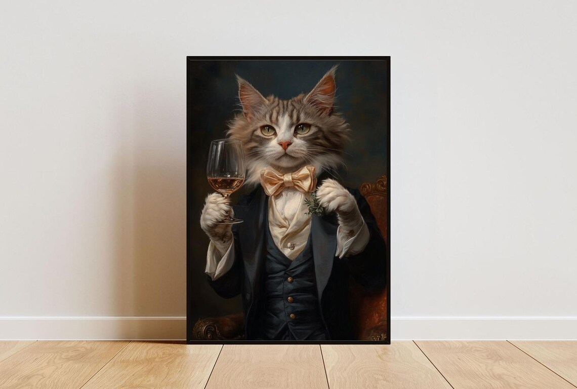 Selkirk Rex In Tuxedo Holding Rose Wine Glass Fluffy Cat Portrait Poster