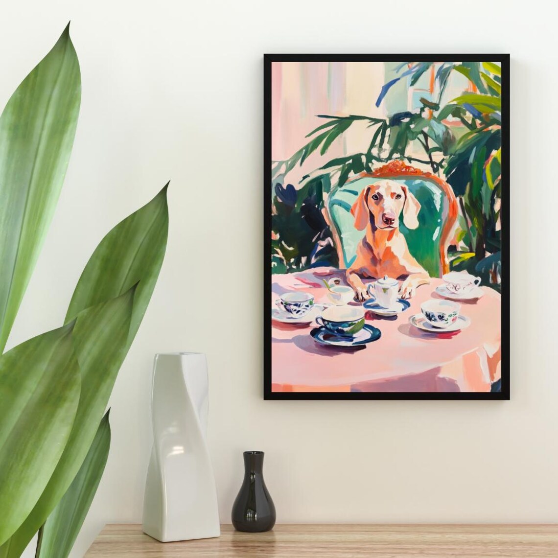 Weimaraner Dog Garden Tea Party Pastel Oil Painting Style Poster - Image 2