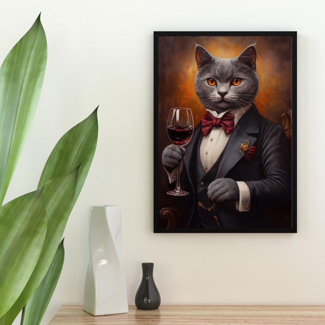 British Shorthair Cat In Tuxedo With Red Wine Red Bow Tie Portrait Poster - Image 2