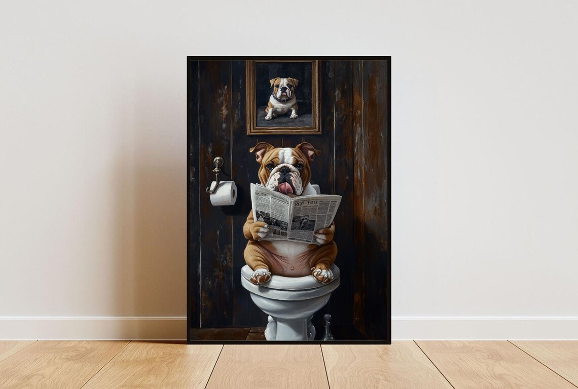 Bulldog On Toilet Poster, Dog Bathroom Art Print