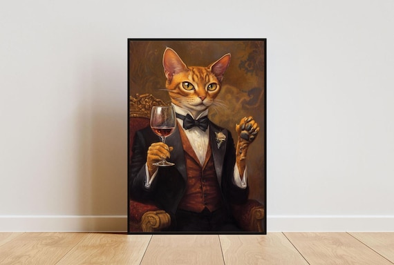 Abyssinian Cat In Tuxedo Holding Red Wine Black Bow Tie Portrait Poster