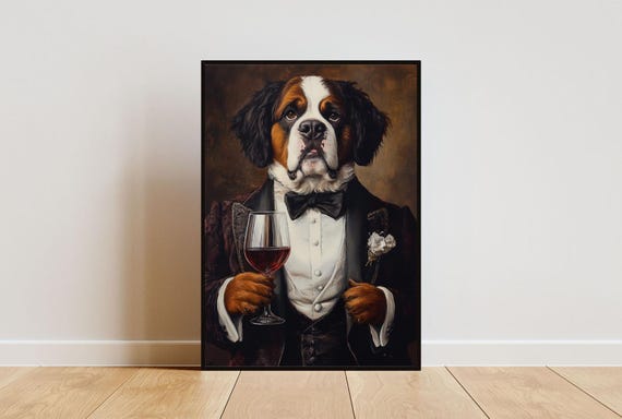 Saint Bernard In Tuxedo Poster Pet Poster St Bernard In Suit Print St Bernard Portrait Dog Living Room Poster Funny St Bernard Art Pet