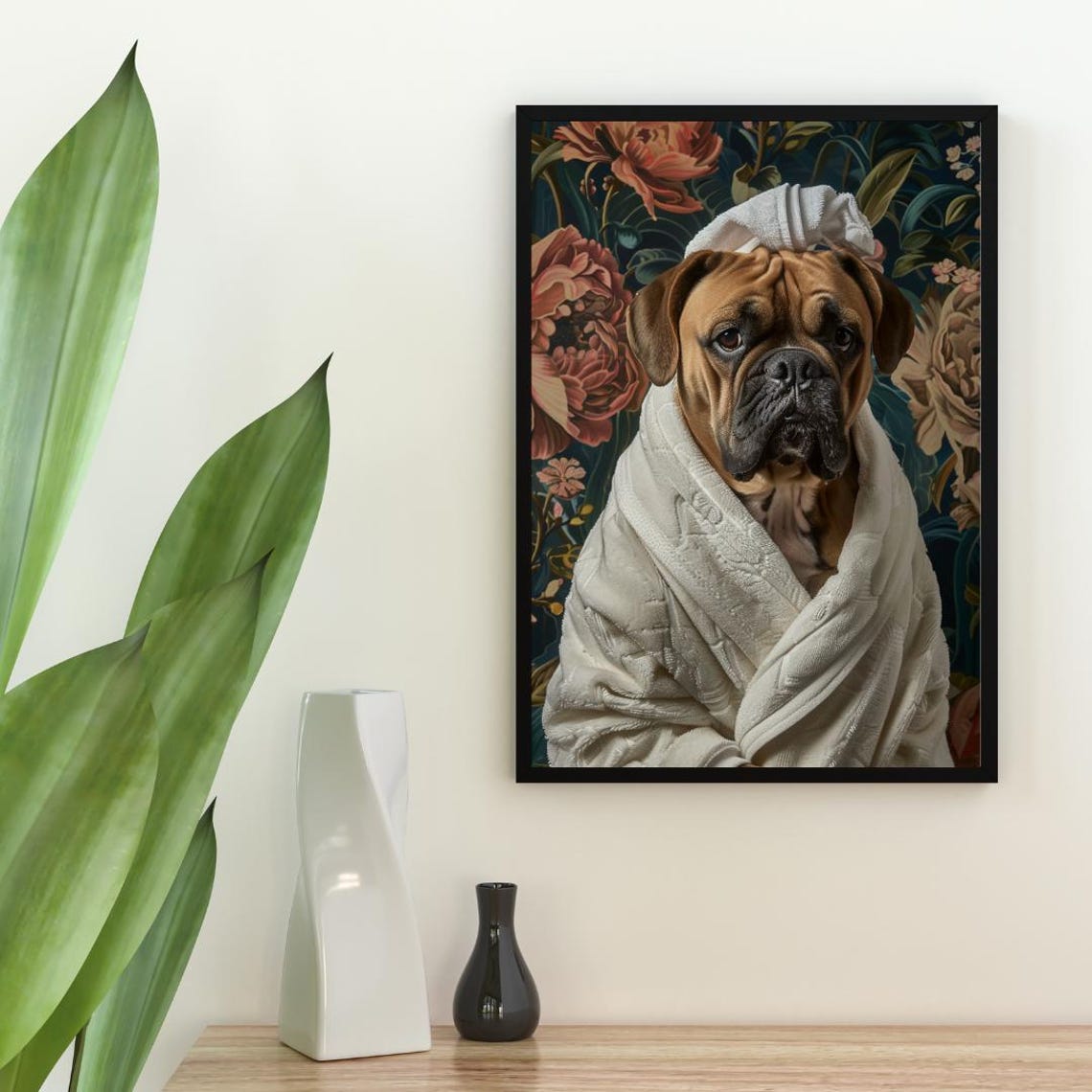 Bullmastiff Dog Bathrobe Towel Turban Dark Floral Portrait Poster - Image 2