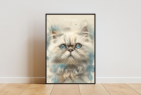 Persian Cat Watercolor Portrait Blue Eyes Elegant Fine Art Poster