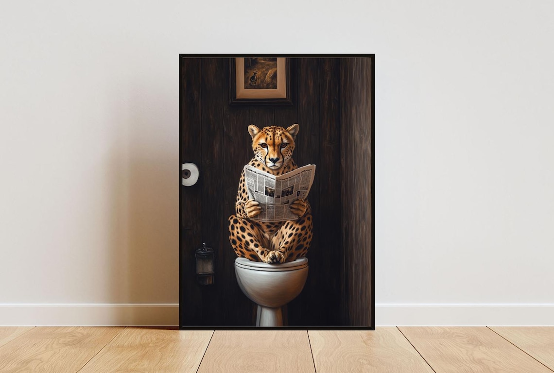 Cheetah On Toilet Poster, Animal Bathroom Art